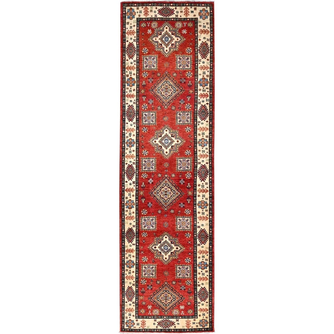 Lattice Red Hand Knotted Afghan Special Kazak Wool Runner Oriental Rug: Title: Lattice Red Hand Knotted Afghan Special Kazak Wool Runner Oriental RugDescription: This is a truly genuine one-of-a-kind. It has been Knotted for months and months in the centuries-old weaving