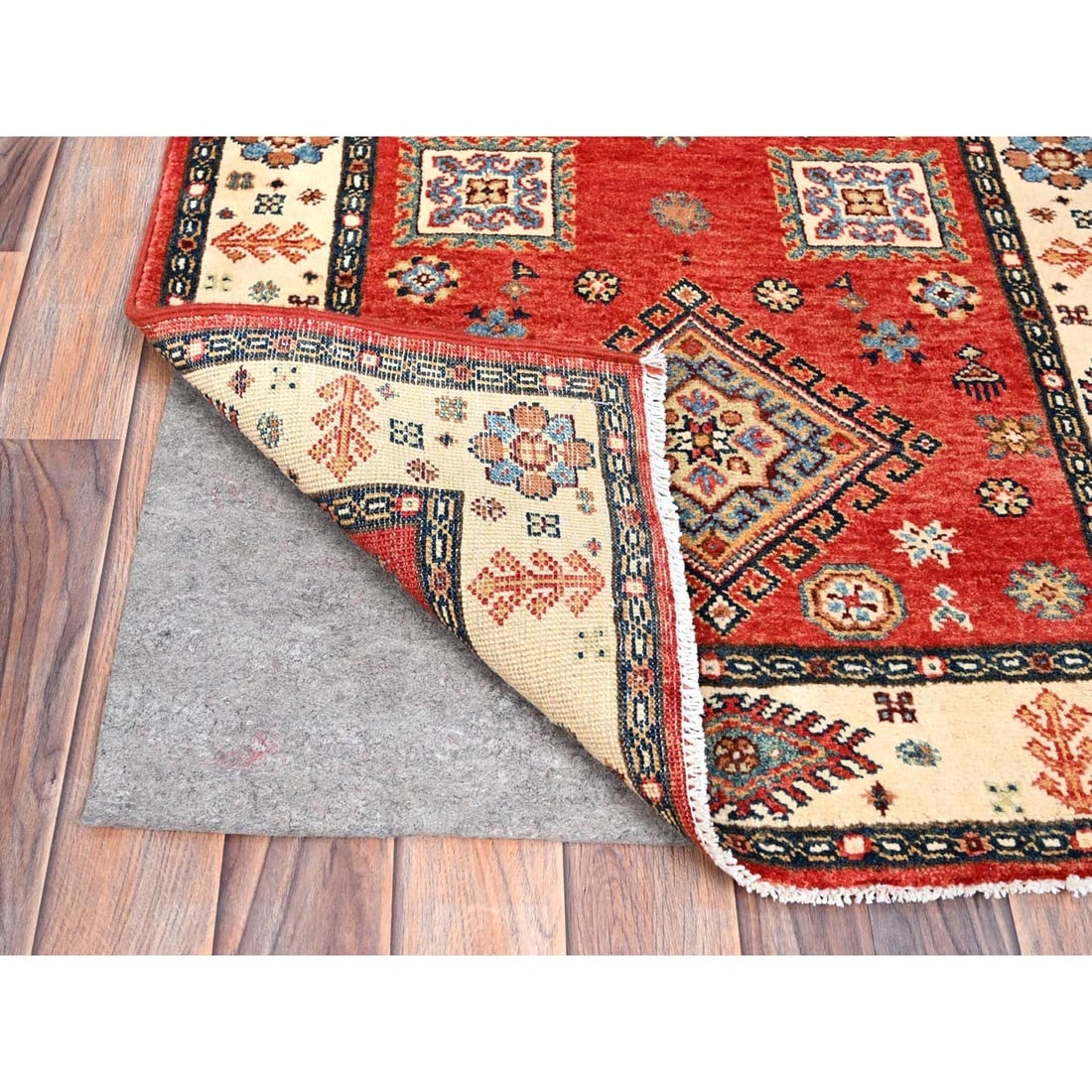 Lattice Red Hand Knotted Afghan Special Kazak Wool Runner Oriental Rug - 3