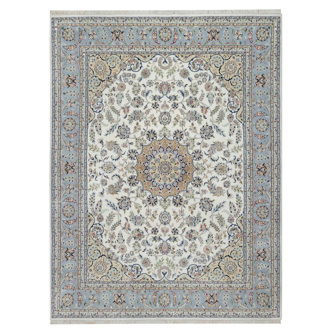 Chiffon White Nain with Flower Design Hand Knotted Wool and Silk Rug: Title: Chiffon White Nain with Flower Design Hand Knotted Wool and Silk RugDescription: This is a truly genuine one-of-a-kind. It has been Knotted for months and months in the centuries-old weaving