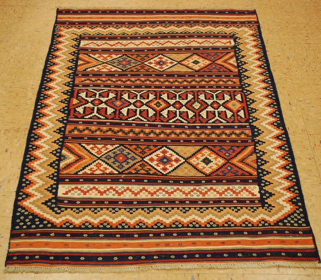 CAUCASIAN KILIM RUG 3'2" x 4'10": Title:CAUCASIAN KILIM RUG 3'2" x 4'10"Description:OLD,ANTIQUE EXCLUSIVE VEGETABLE DYE HIGHLY DETAILED WITH MANY SUBJECTS ULTRA RARE KILIM FLAT WEAVE RUG...........with exact size of 3'2" x 4'10"