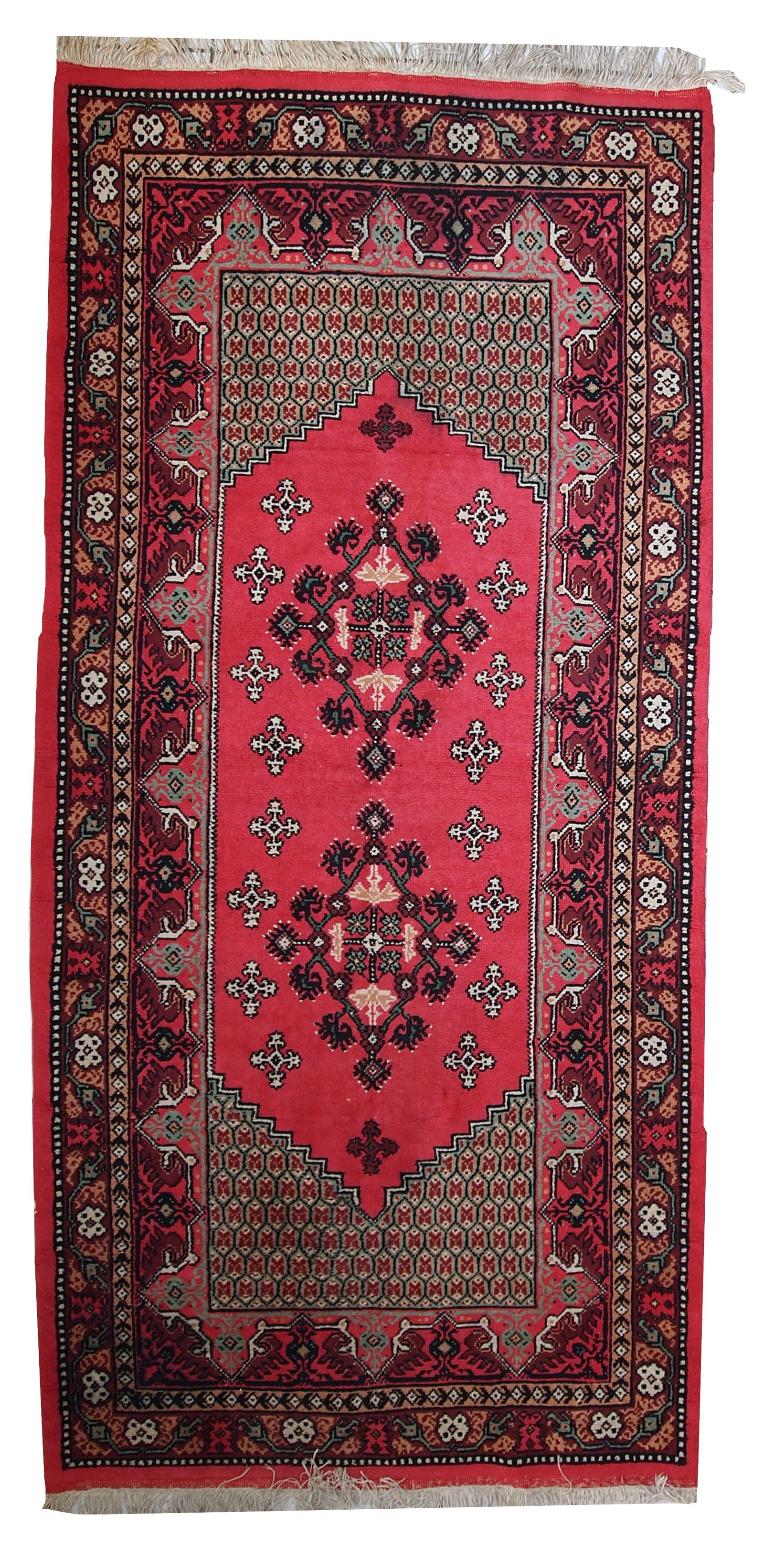 Handmade vintage Algerian Berber rug 3.3' x 7' (101cm x 215cm) 1970s - 2