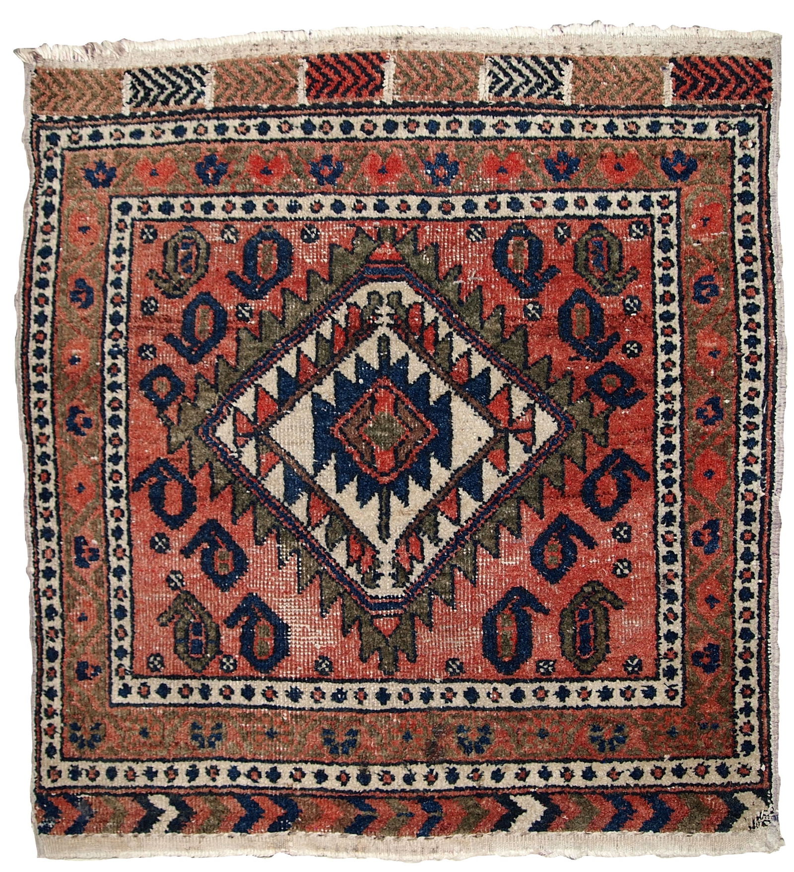 Handmade vintage Persian Kurdish bagface rug 1.8' x 1.9' (55cm x 59cm) 1930s: Title:Handmade vintage Persian Kurdish bagface rug 1.8' x 1.9' (55cm x 59cm) 1930s Origin:Middle East Dimension:1.8' x 1.9' (55cm x 59cm) Materials:wool Year:1930s Description:Handmade vintage Kurdish