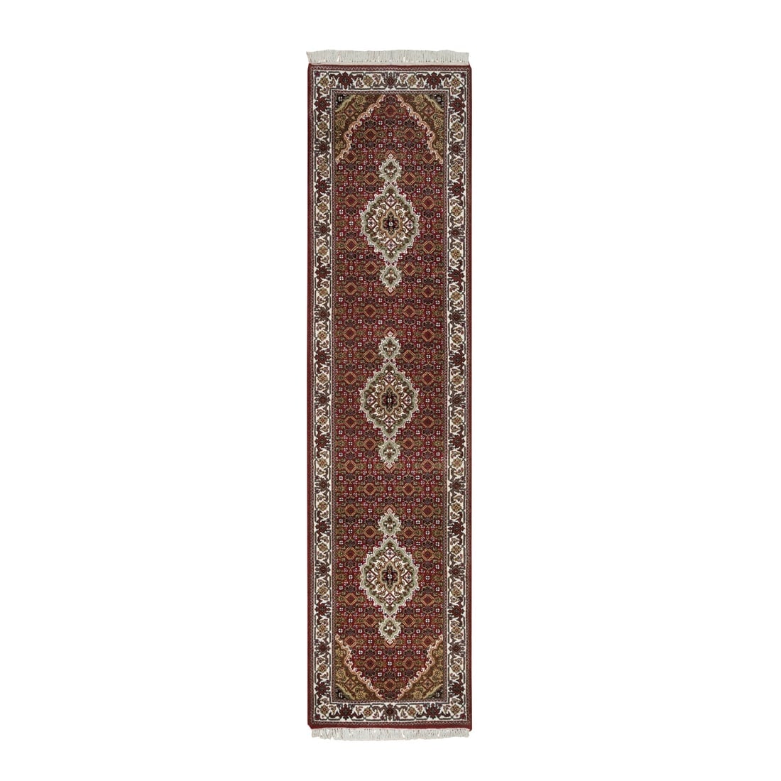 Red Tabriz Medallion Design 175 KPSI Wool Hand Knotted Runner Rug: Title: Red Tabriz Medallion Design 175 KPSI Wool Hand Knotted Runner Rug Description: This is a truly genuine one-of-a-kind. It has been Knotted for months and months in the centuries-old weaving craf