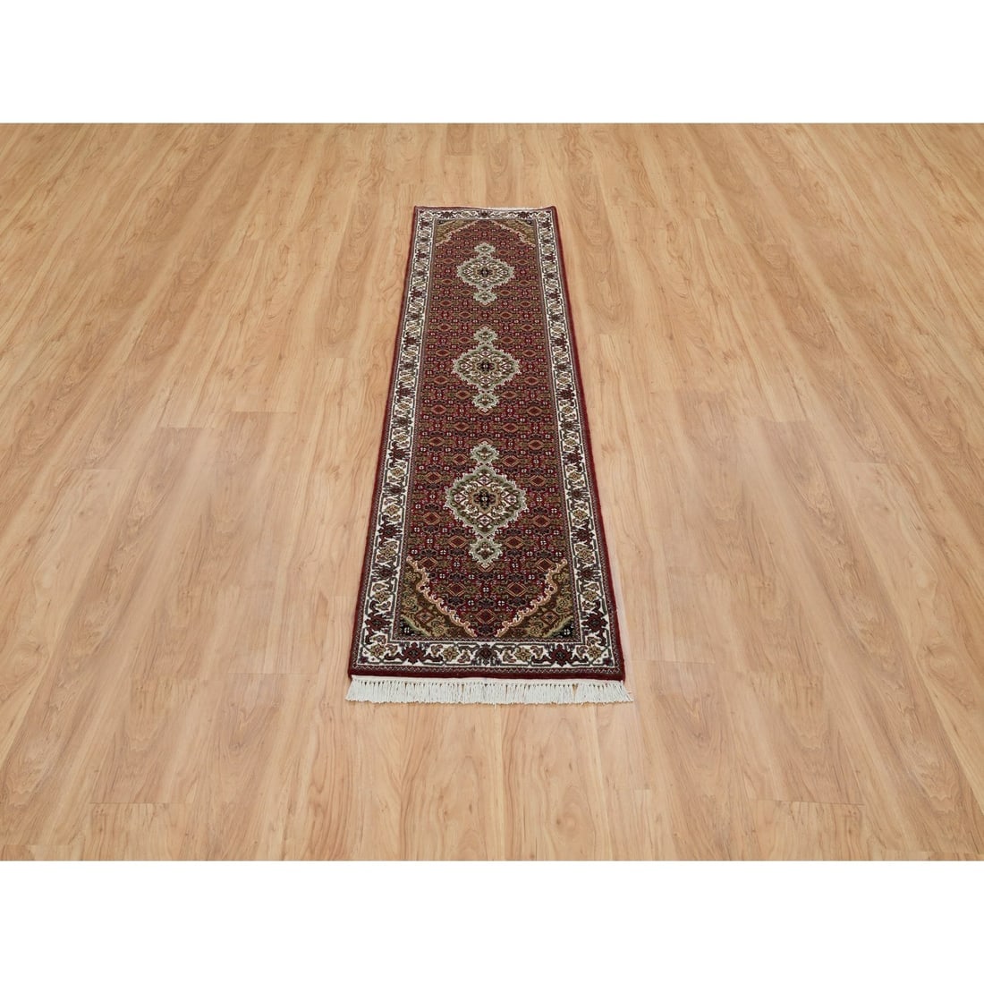 Red Tabriz Medallion Design 175 KPSI Wool Hand Knotted Runner Rug - 2