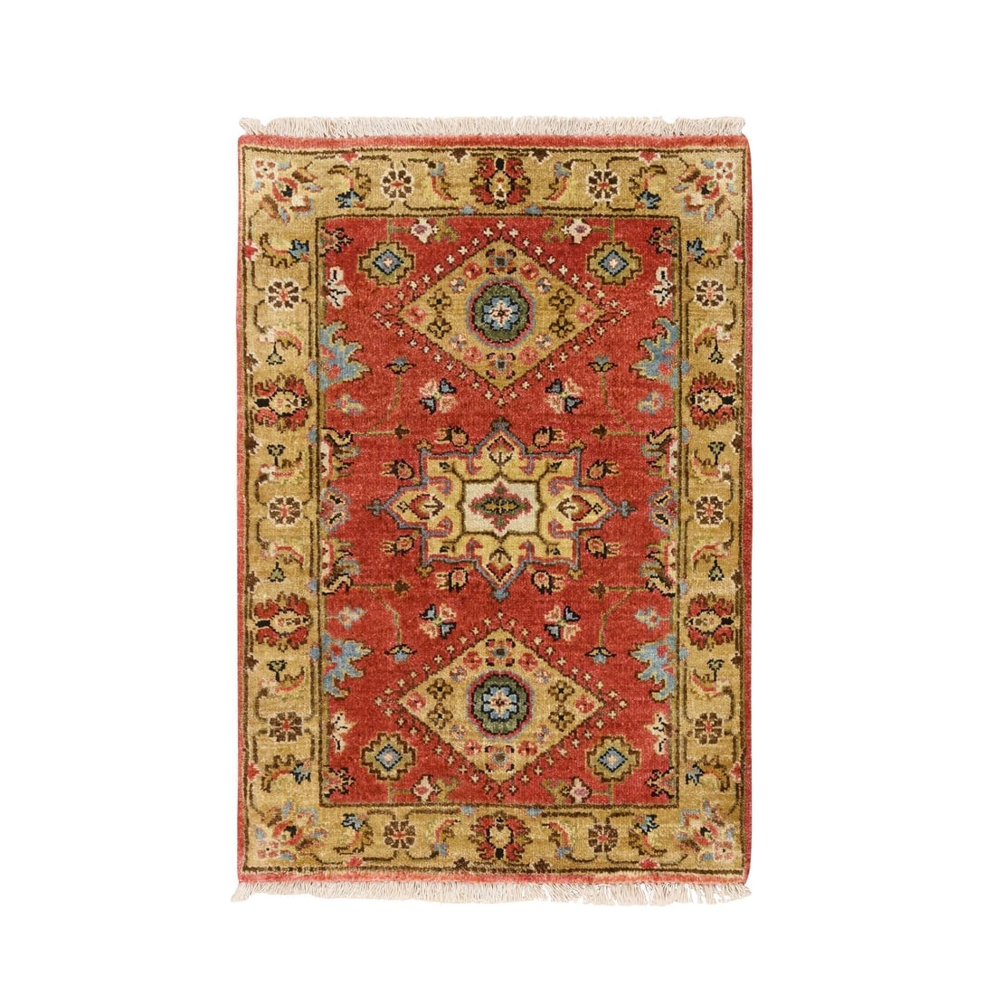 Red and Gold Karajeh Design Natural Wool Hand Knotte Mat Oriental Rug: Title: Red and Gold Karajeh Design Natural Wool Hand Knotte Mat Oriental RugDescription: This is a truly genuine one-of-a-kind. It has been Knotted for months and months in the centuries-old weaving