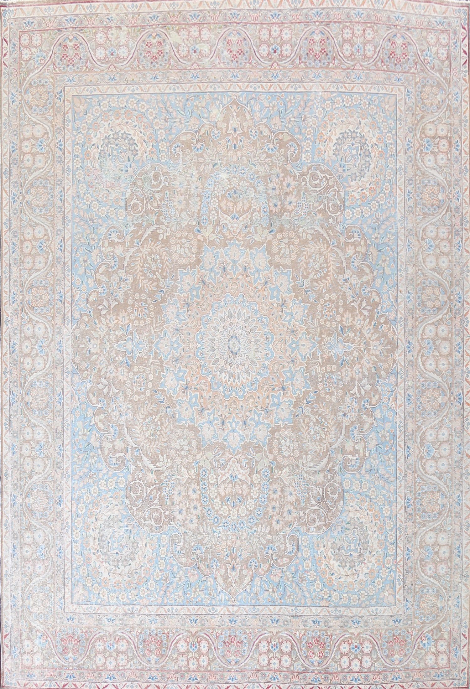 Muted Distressed Kerman Persian Area Rug 10x13: Title:Muted Distressed Kerman Persian Area Rug 10x13 Origin:A Beautiful Genuine Iran ( Persia ) Kerman rug is Hand Knotted by skillful weavers in Iran ( Persia ) with 100% Wool Material. This rug is i