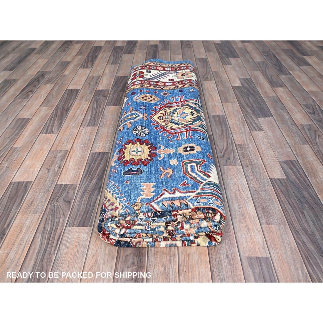 Campanula Blue Super Kazak Hand Knotted Vibrant Wool Oriental Rug - 9