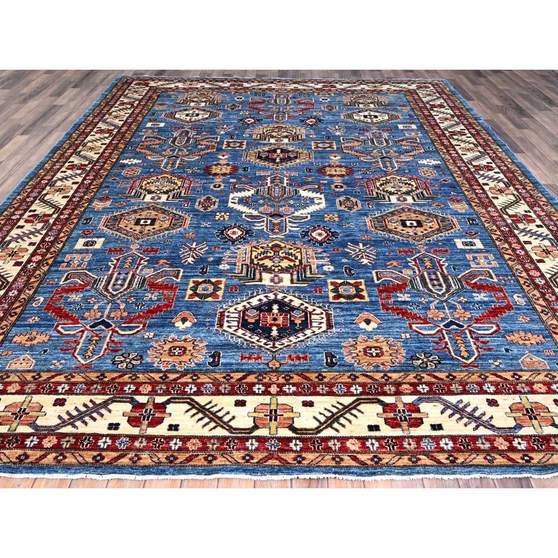 Campanula Blue Super Kazak Hand Knotted Vibrant Wool Oriental Rug - 2