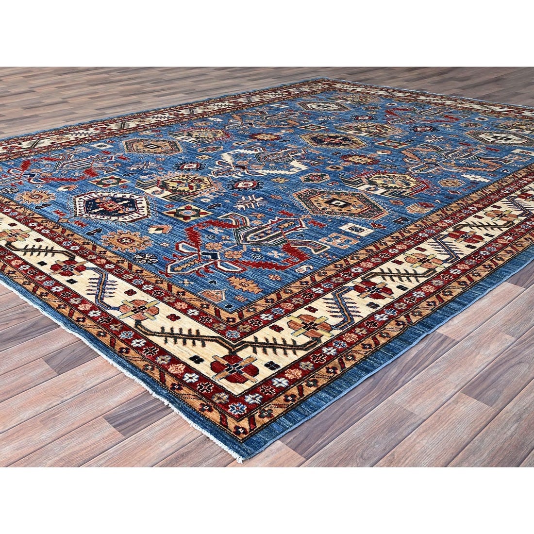 Campanula Blue Super Kazak Hand Knotted Vibrant Wool Oriental Rug - 3