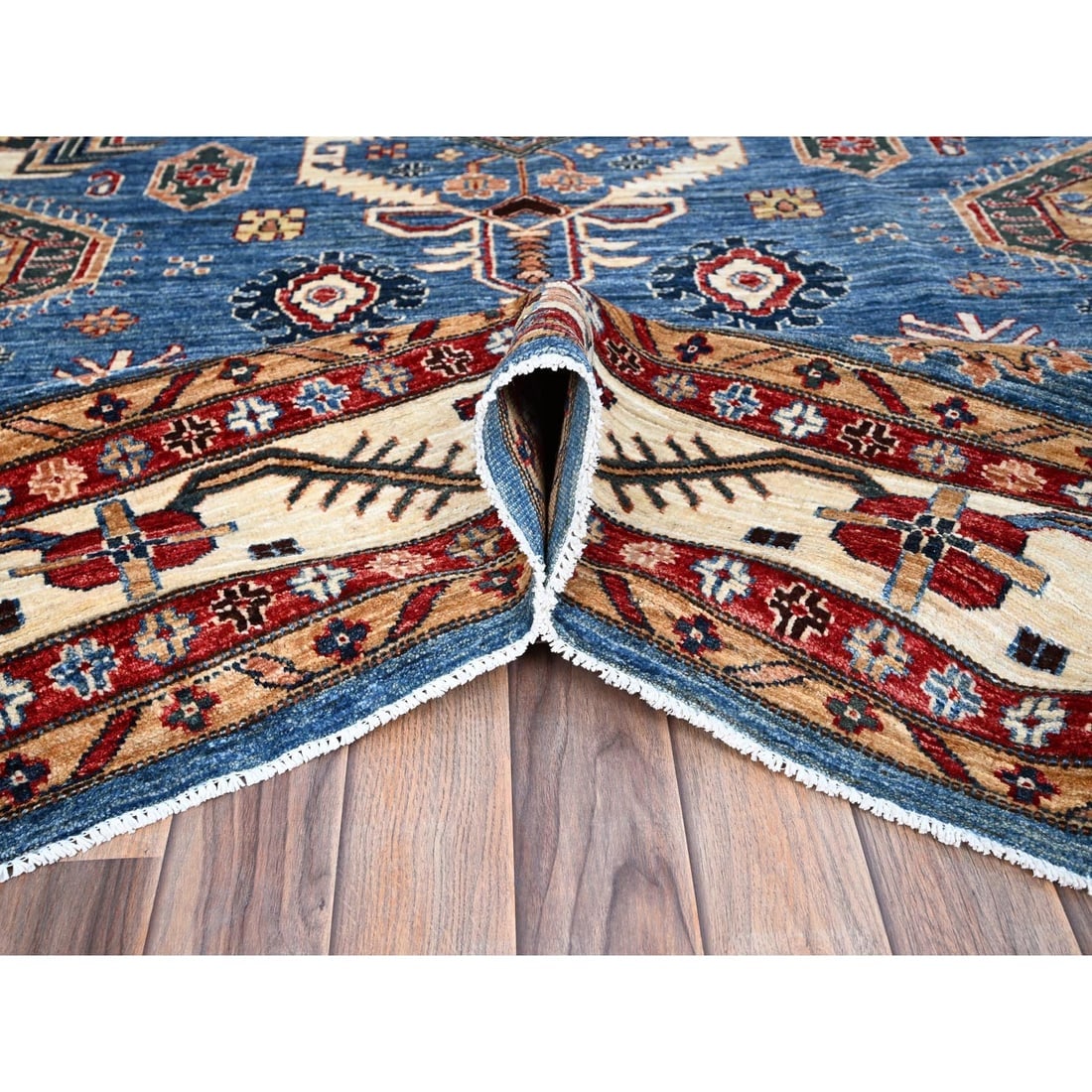 Campanula Blue Super Kazak Hand Knotted Vibrant Wool Oriental Rug - 5