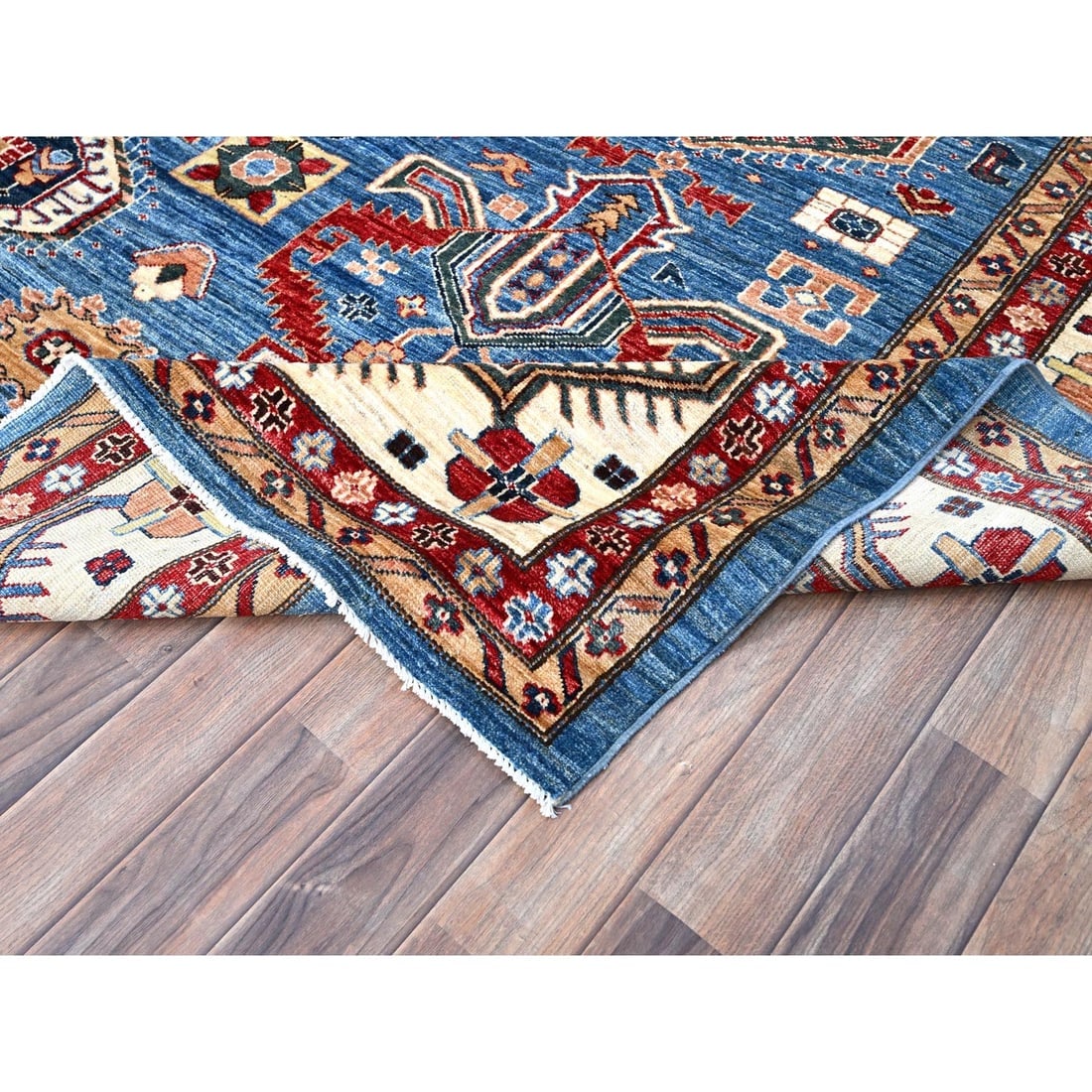 Campanula Blue Super Kazak Hand Knotted Vibrant Wool Oriental Rug - 6