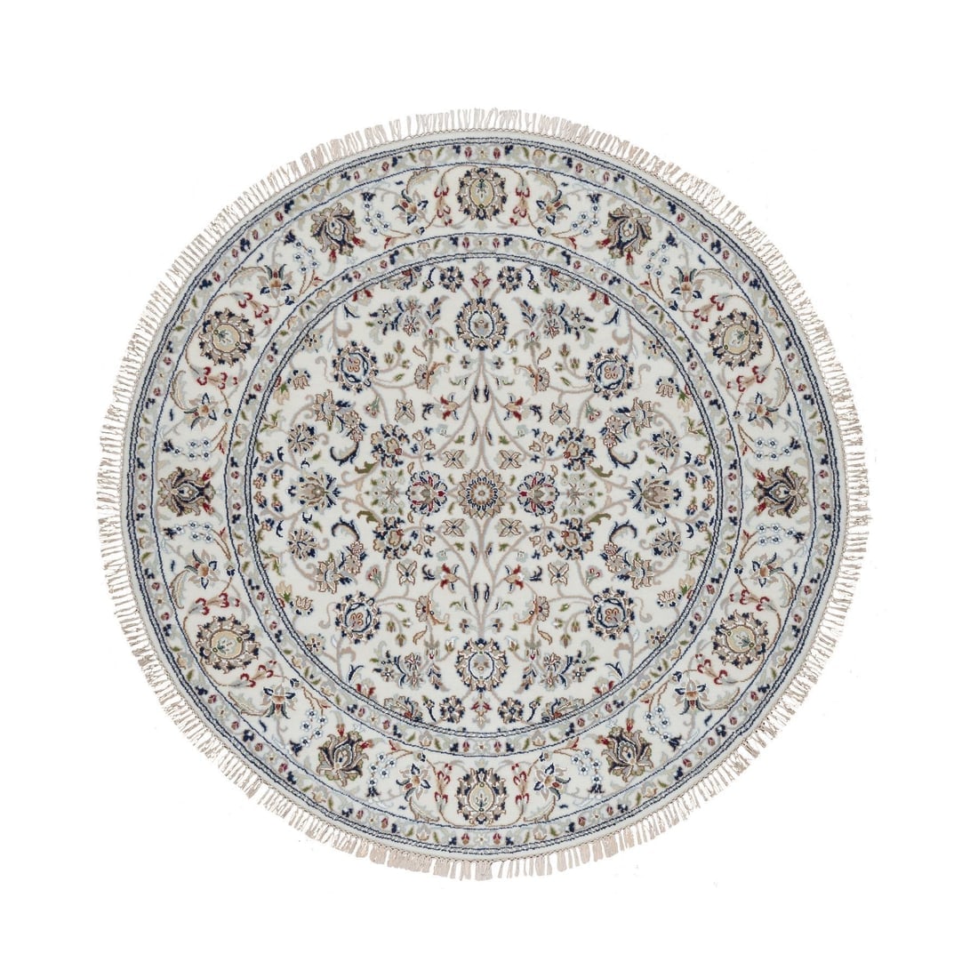 White Nain with Floral Design Hand Knotted Wool and Silk Round Rug: Title: White Nain with Floral Design Hand Knotted Wool and Silk Round RugDescription: This is a truly genuine one-of-a-kind. It has been Knotted for months and months in the centuries-old weaving