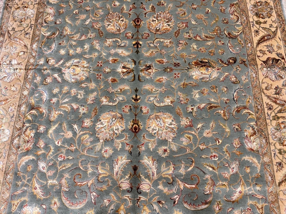 Hand Knotted Indo-Tabriz Gray Wool New Oriental Rug Carpet 6'1" x 8'11" - 4