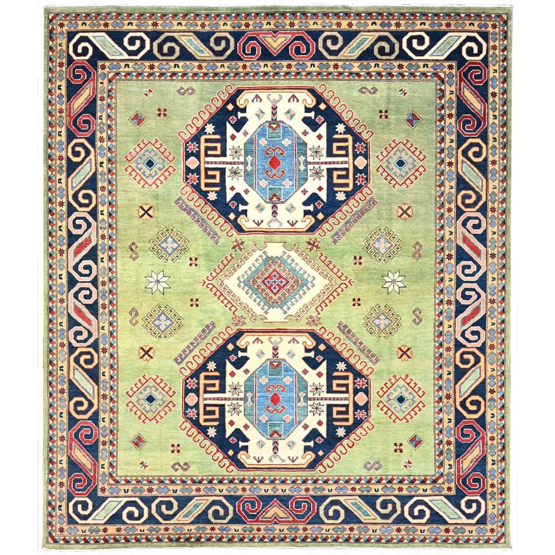 Pale Clover Green Special Kazak Wool Hand Knotted Oriental Rug: Title: Pale Clover Green Special Kazak Wool Hand Knotted Oriental RugDescription: This is a truly genuine one-of-a-kind. It has been Knotted for months and months in the centuries-old weaving