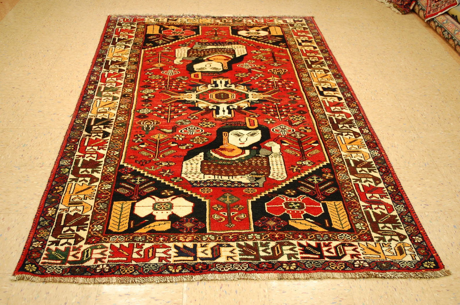 Persain SHIRAZ RUG 5.5x8.1: Title: Persain SHIRAZ RUG 5.5x8.1 Description: FOLKLORE DESIGN ANTIQUE QASHKI SHRAZ RUG USUALLY WOVEN AS A WEDDING PRESENT or FOR ONES LOVER with exact size of 5' 5" x 8' 1" natural dyed wool with ama