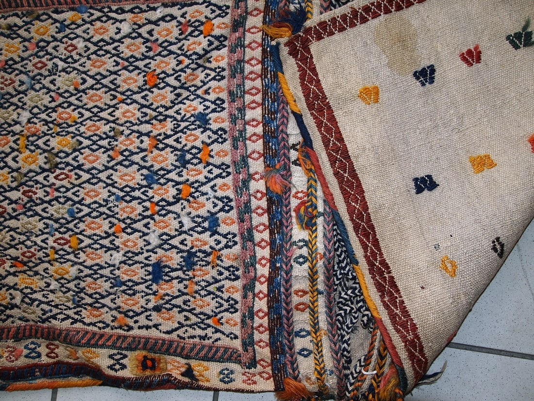 Handmade antique Persian Sumak sadle double bag 1.8' x 3.3' ( 55cm x 100cm) 1940s - 12