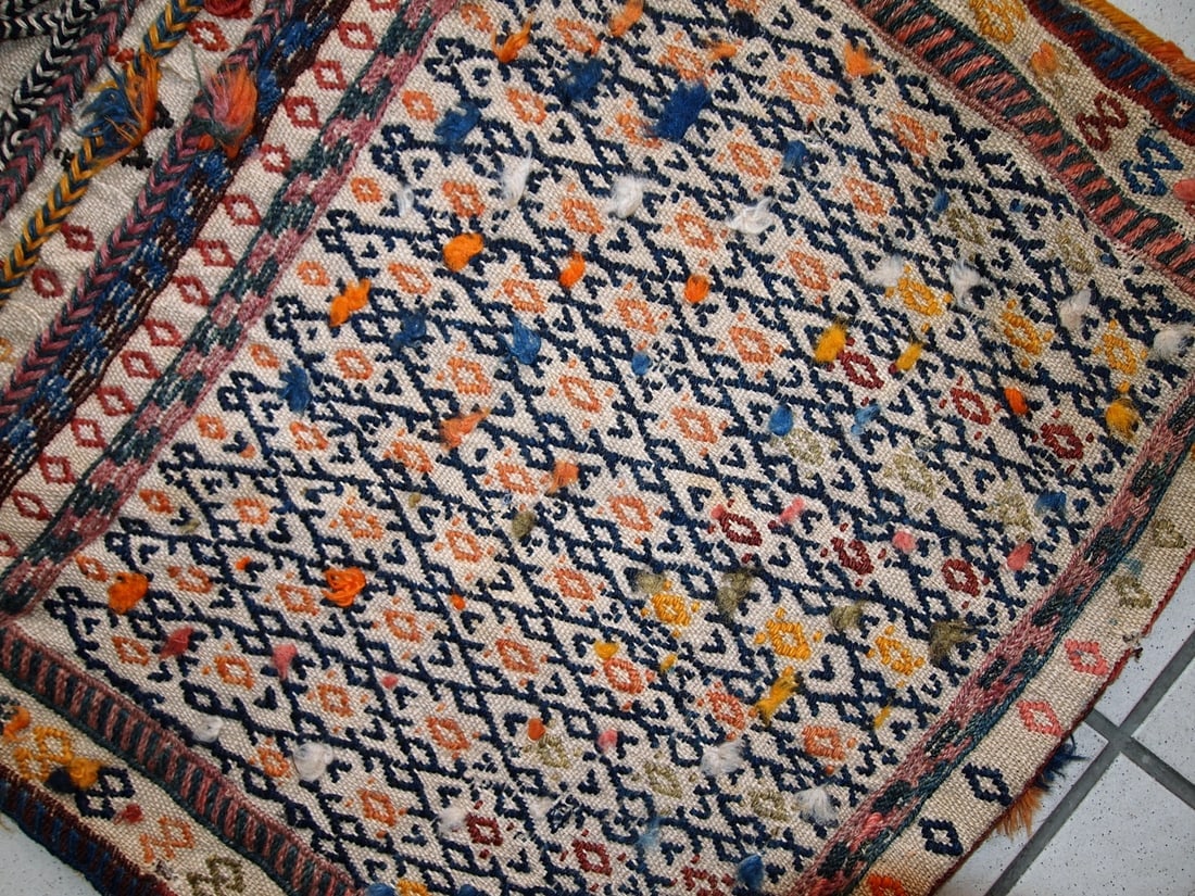 Handmade antique Persian Sumak sadle double bag 1.8' x 3.3' ( 55cm x 100cm) 1940s - 3