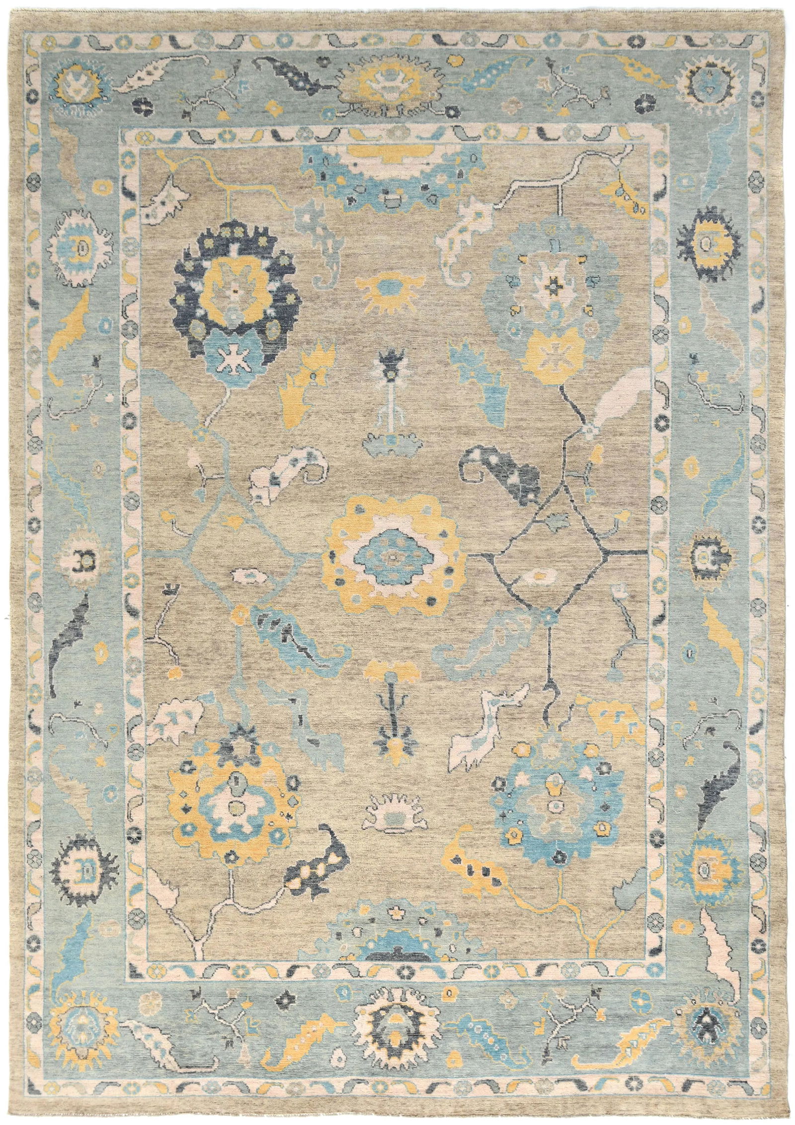 Muted Pastel Brown Floral 10X14 Transitional Oushak Oriental Rug: Title:Muted Pastel Brown Floral 10X14 Transitional Oushak Oriental RugDescription:Hand Knotted 10X14 Brown oriental rug made with vegetable dyes (fine wool pile and cotton foundation), superior knot