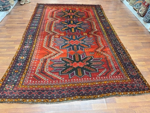 Dated Kazak Caucasian Rug-5221: Title:Dated Kazak Caucasian Rug-5221 Description:Beautiful antique dated Montain Kazak Caucasian rug from Azarbijan, size 6 ft. 4 inches by 10 ft, circa dated 1960, excellent condition awith a minor v