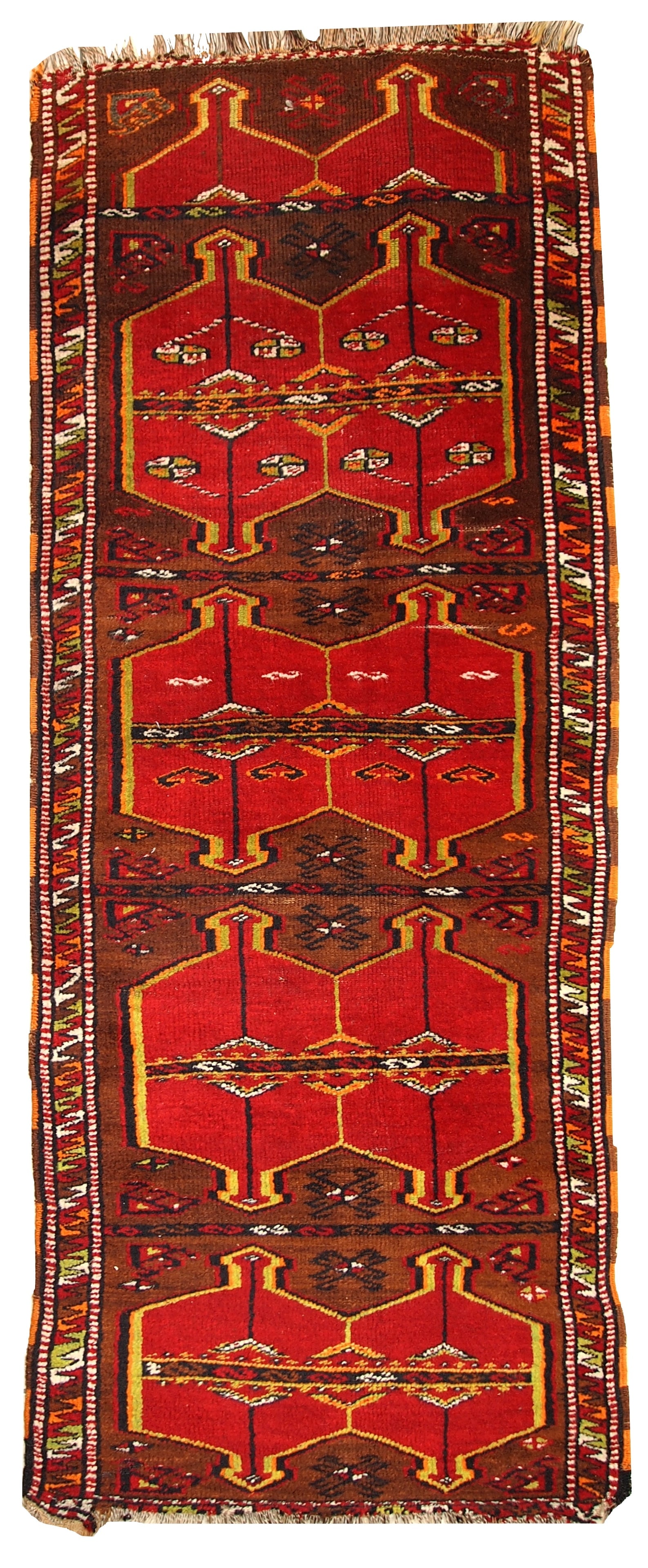 Hand made antique collectible Turkish Yastik rug 2.5' x 6.2' ( 76cm x 190cm ) 1920: Title:Hand made antique collectible Turkish Yastik rug 2.5' x 6.2' ( 76cm x 190cm ) 1920 Origin:Turkey Dimension:2.5' x 6.2' ( 76cm x 190cm ) Materials:wool Year:1920s Description:Antique Turkish Yast