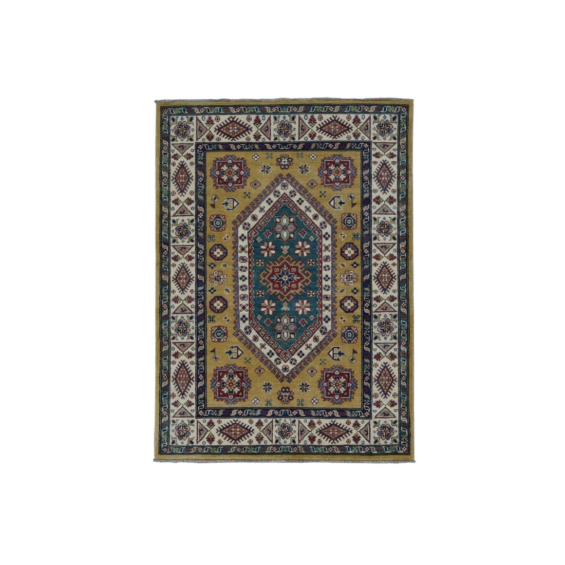 Goldenrod Color, Hand Knotted, Shiny Wool, Special Kazak, Rug: Title: Goldenrod Color, Hand Knotted, Shiny Wool, Special Kazak, Rug Description: This is a truly genuine one-of-a-kind. It has been Knotted for months and months in the centuries-old weaving craftsma
