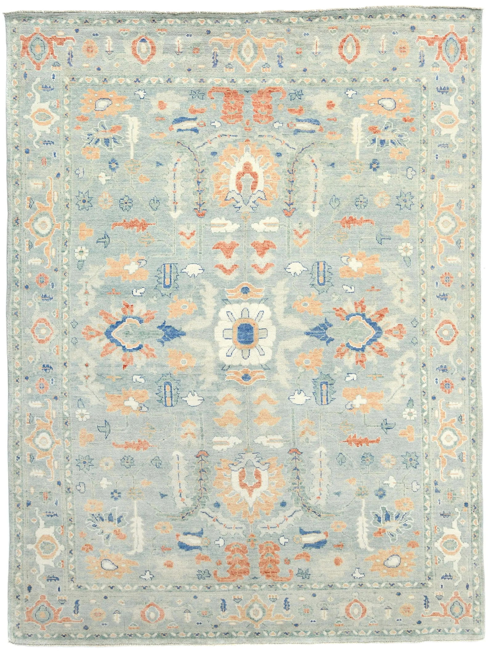 Muted Blue-gray Floral 9X12 Oushak Oriental Rug: Title:Muted Blue-gray Floral 9X12 Oushak Oriental Rug Description:Handmade 9X12 Blue-gray Oriental rug made with natural dyes (fine wool pile and cotton foundation), superior knot count, and alluring