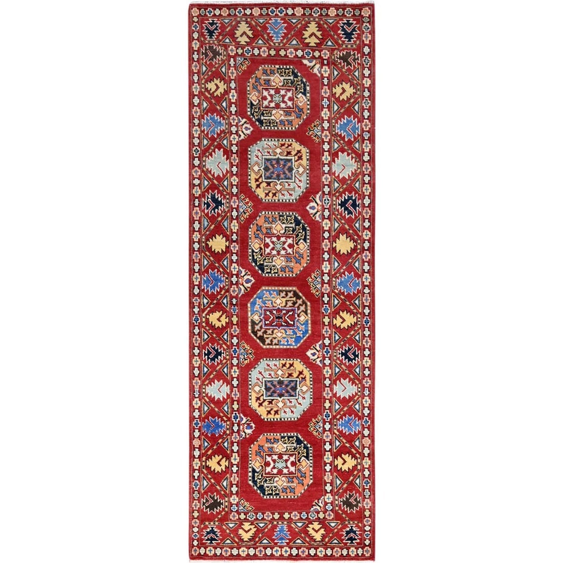 Red Hand Knotted Afghan Ersari Special Kazak Wool Wide Runner Rug (1 of 7)