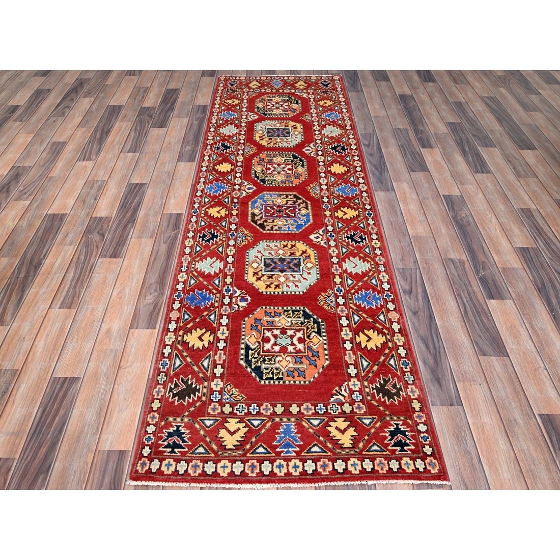 Red Hand Knotted Afghan Ersari Special Kazak Wool Wide Runner Rug - 2
