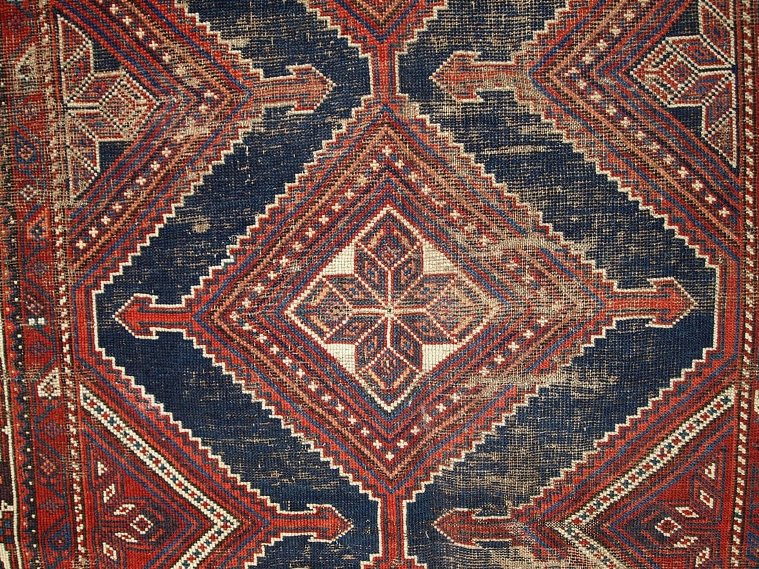 Handmade antique distressed Persian Shiraz rug 4.9' x 11.2' (152cm x 342cm) 1900s - 10