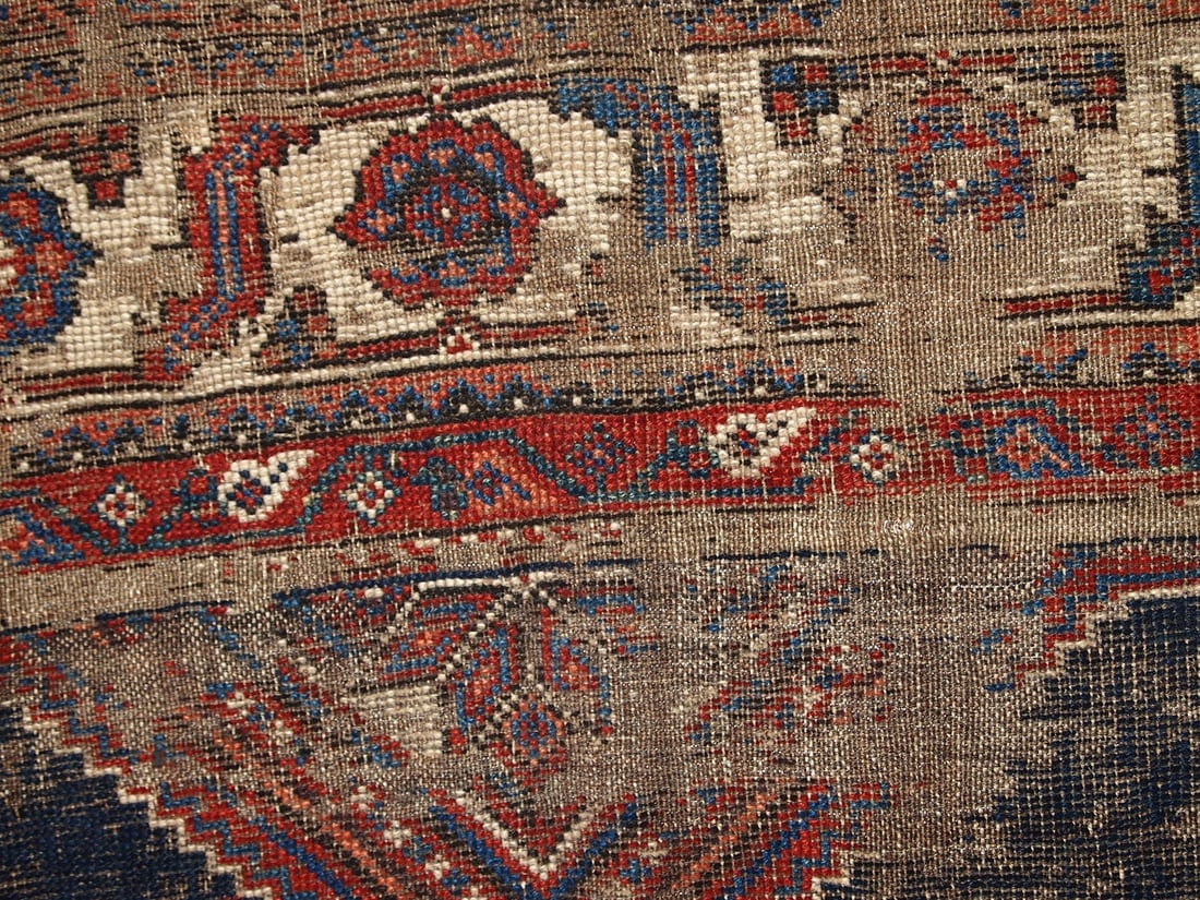 Handmade antique distressed Persian Shiraz rug 4.9' x 11.2' (152cm x 342cm) 1900s - 11