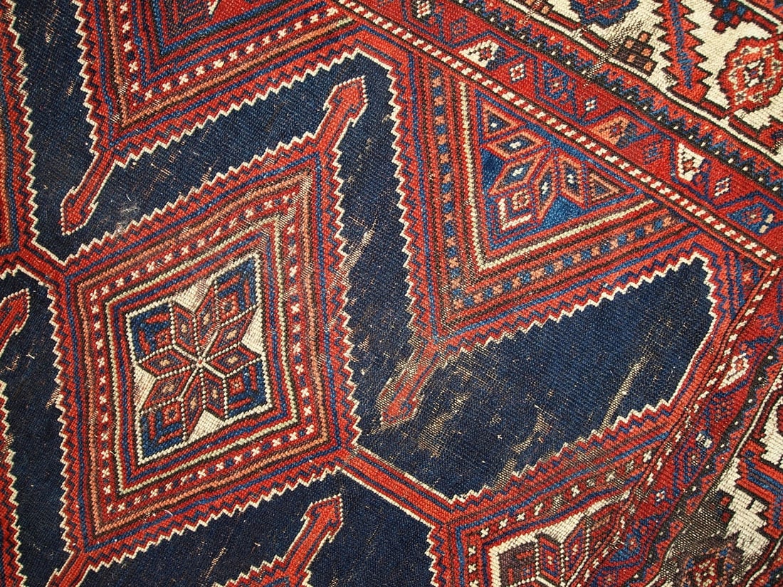 Handmade antique distressed Persian Shiraz rug 4.9' x 11.2' (152cm x 342cm) 1900s - 14