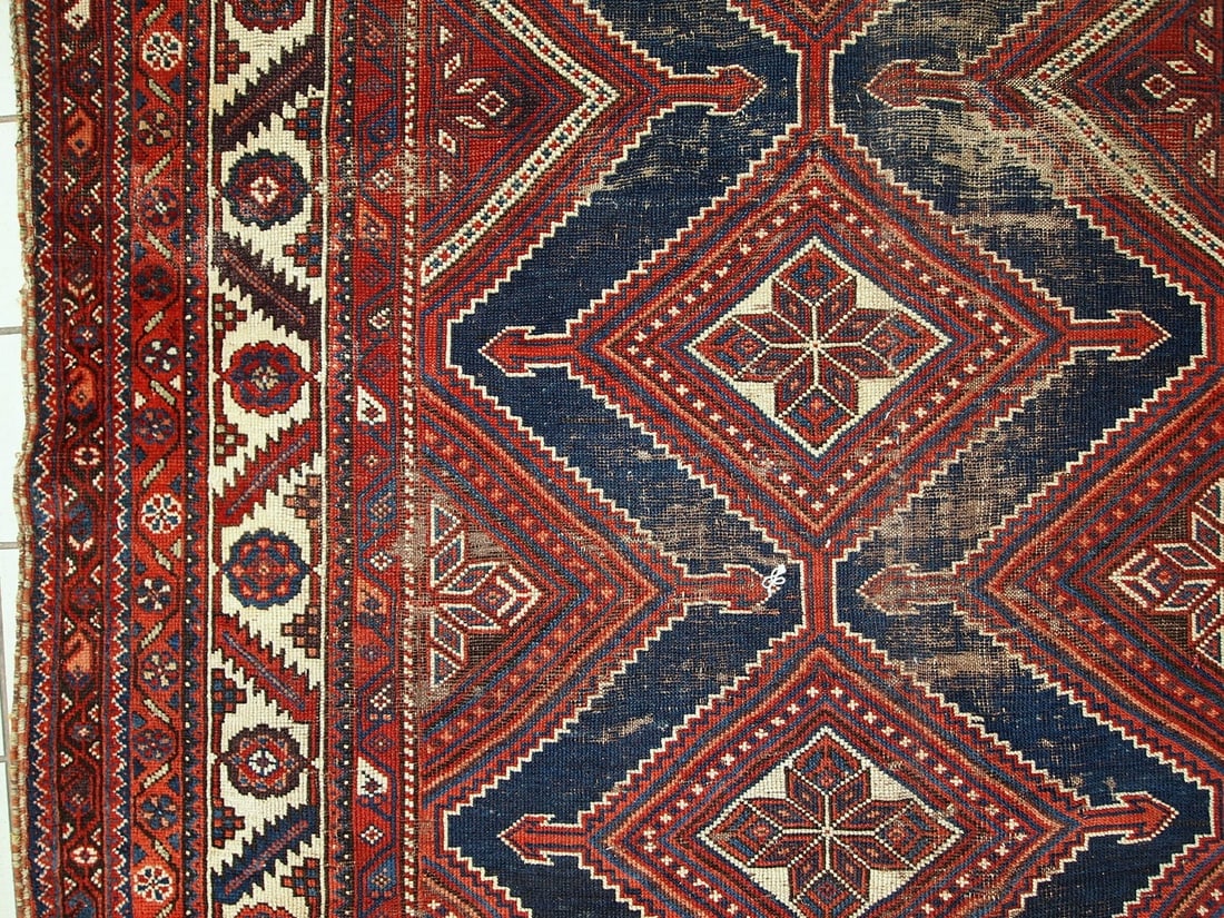 Handmade antique distressed Persian Shiraz rug 4.9' x 11.2' (152cm x 342cm) 1900s - 6