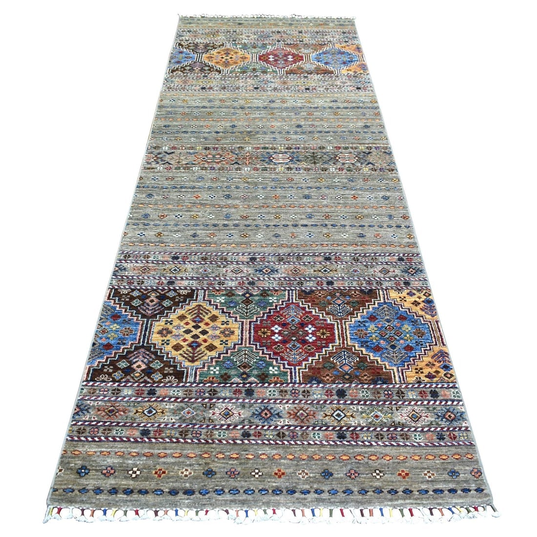 Taupe Gray Soft Wool, Hand Knotted Afghan Super Kazak, Runner Rug: Title: Taupe Gray Soft Wool, Hand Knotted Afghan Super Kazak, Runner RugDescription: This is a truly genuine one-of-a-kind. It has been Knotted for months and months in the centuries-old weaving