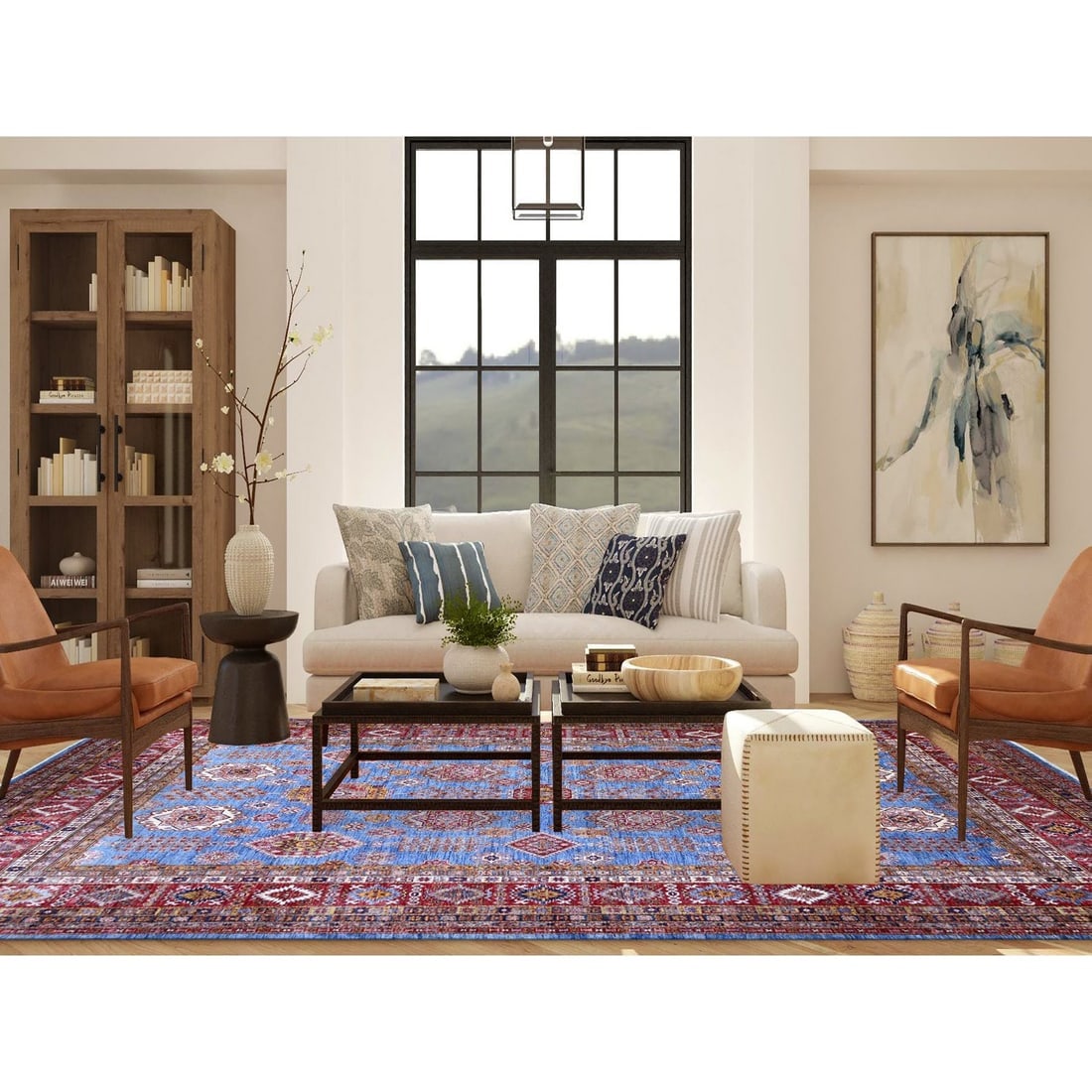 Dodger Blue Hand Knotted Super Kazak All Over Motifs Oriental Rug - 2