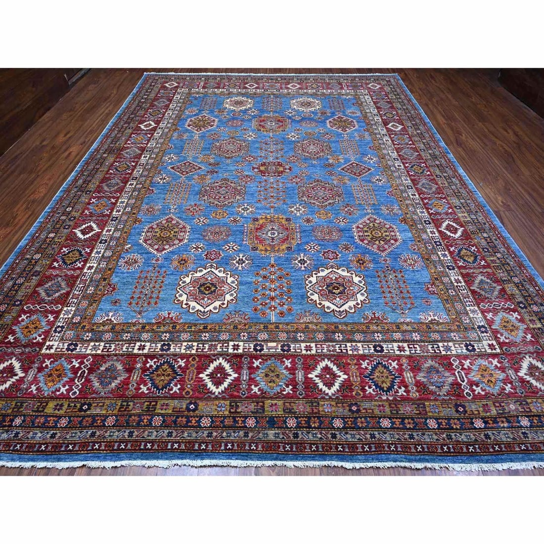 Dodger Blue Hand Knotted Super Kazak All Over Motifs Oriental Rug - 3