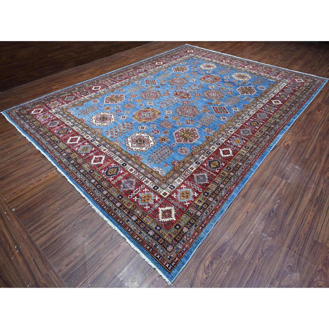 Dodger Blue Hand Knotted Super Kazak All Over Motifs Oriental Rug - 4