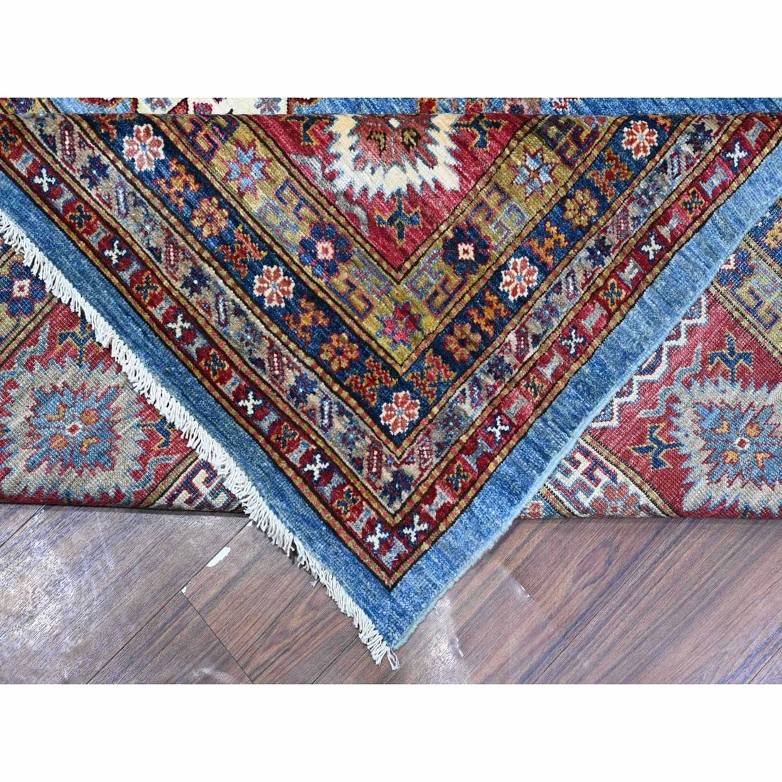 Dodger Blue Hand Knotted Super Kazak All Over Motifs Oriental Rug - 7