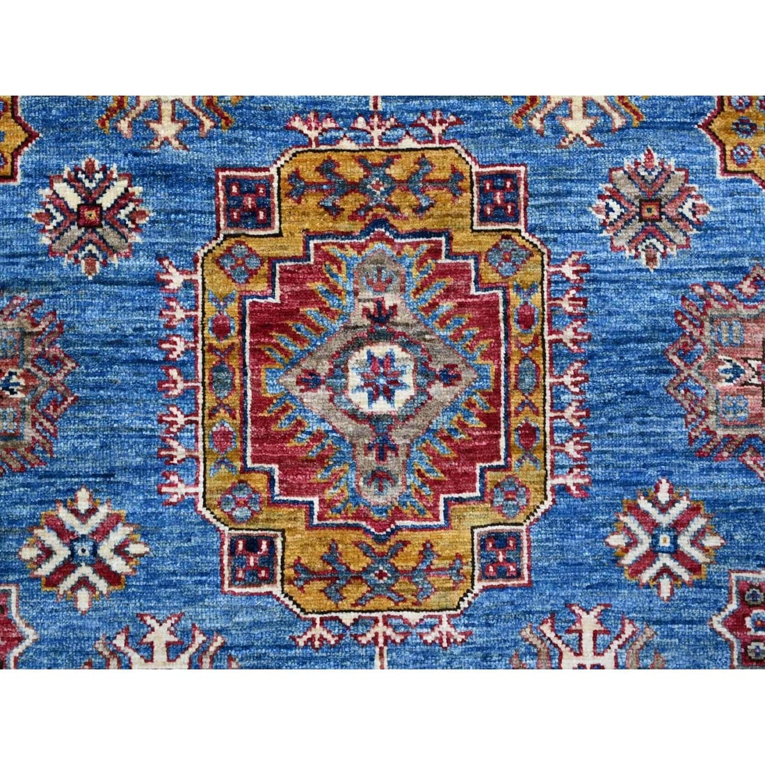 Dodger Blue Hand Knotted Super Kazak All Over Motifs Oriental Rug - 9