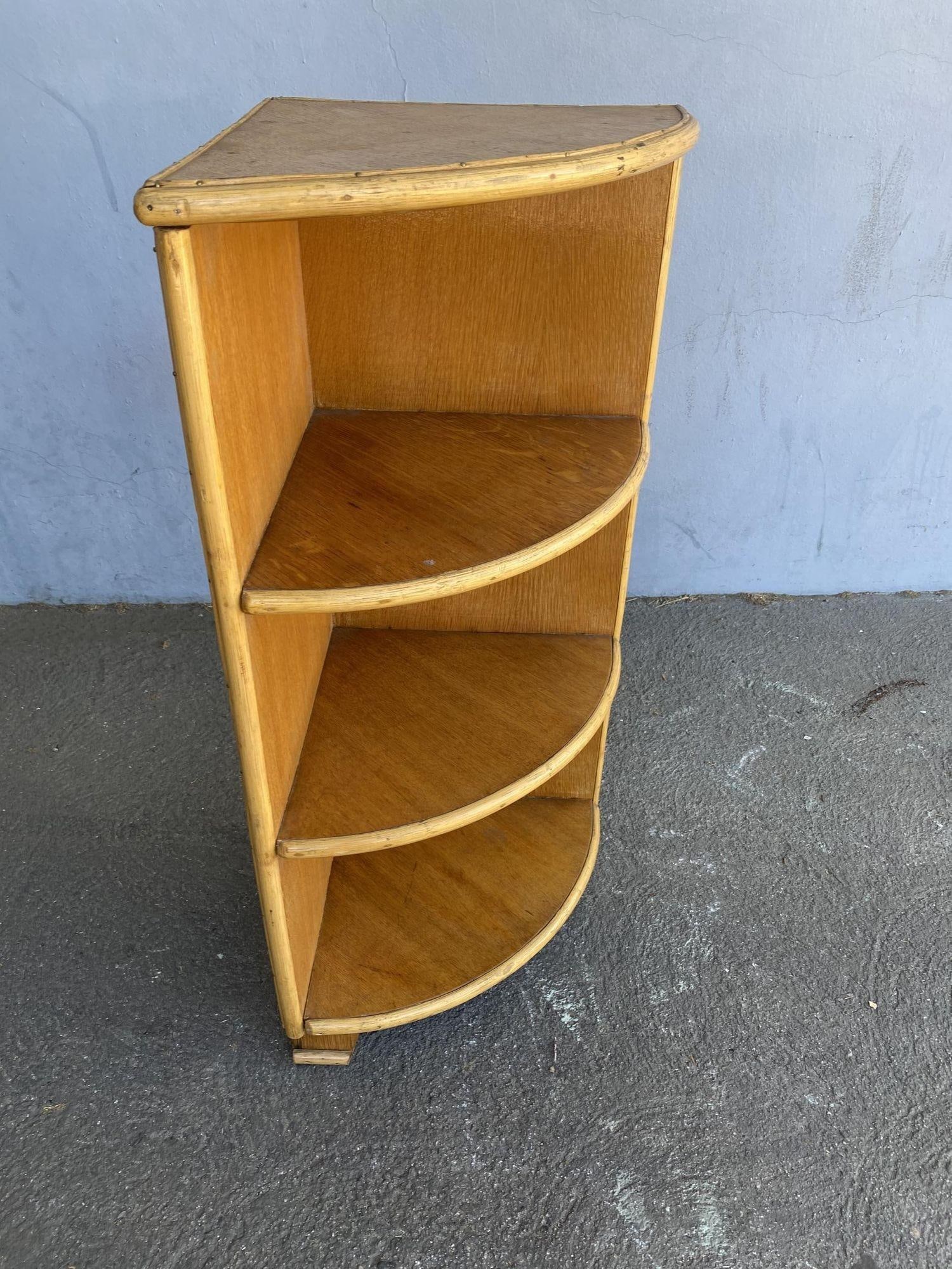 Restored Tropical Koa Wood Corner Shelf W/ Rattan Boarder - 10