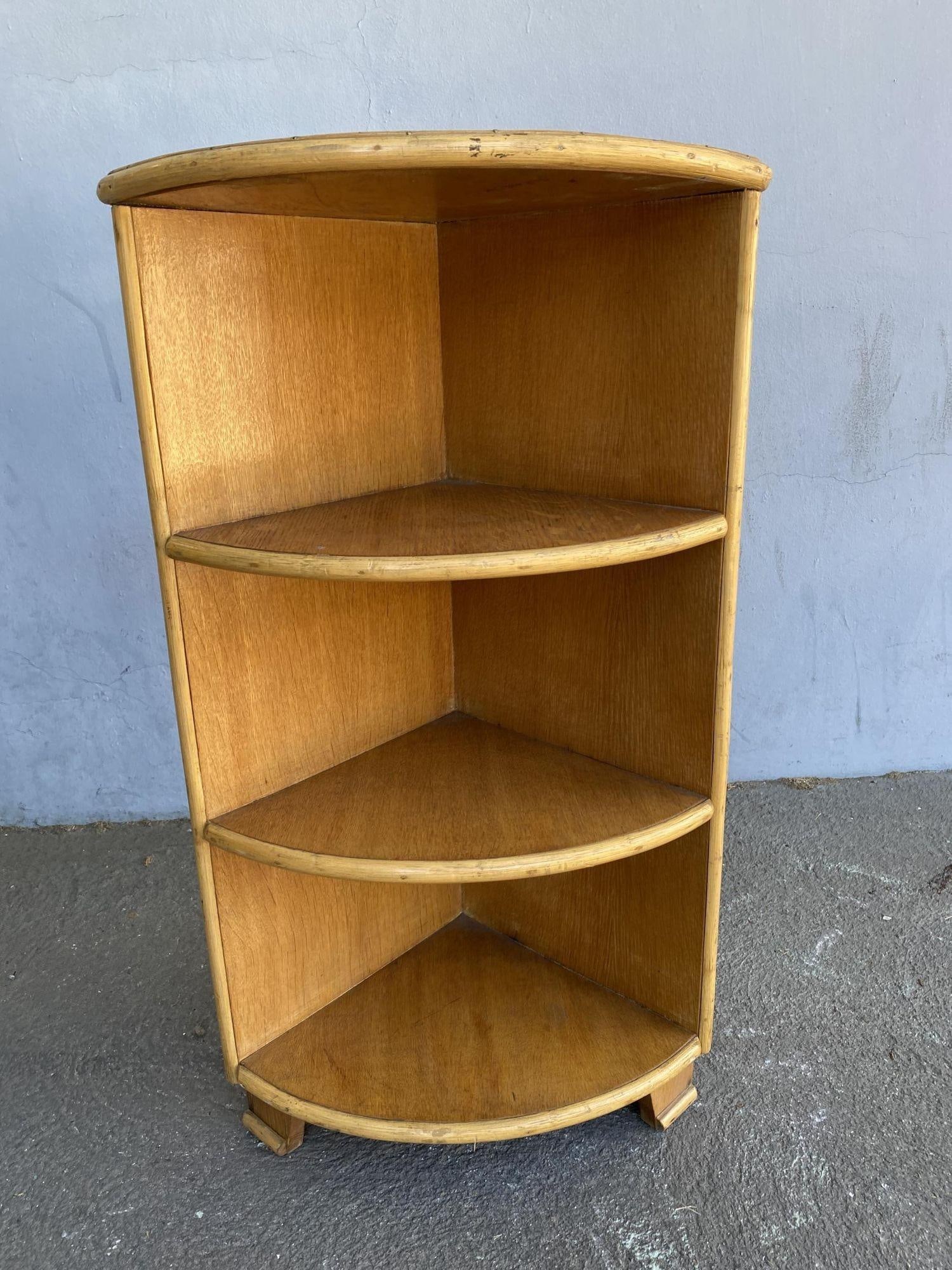 Restored Tropical Koa Wood Corner Shelf W/ Rattan Boarder - 11