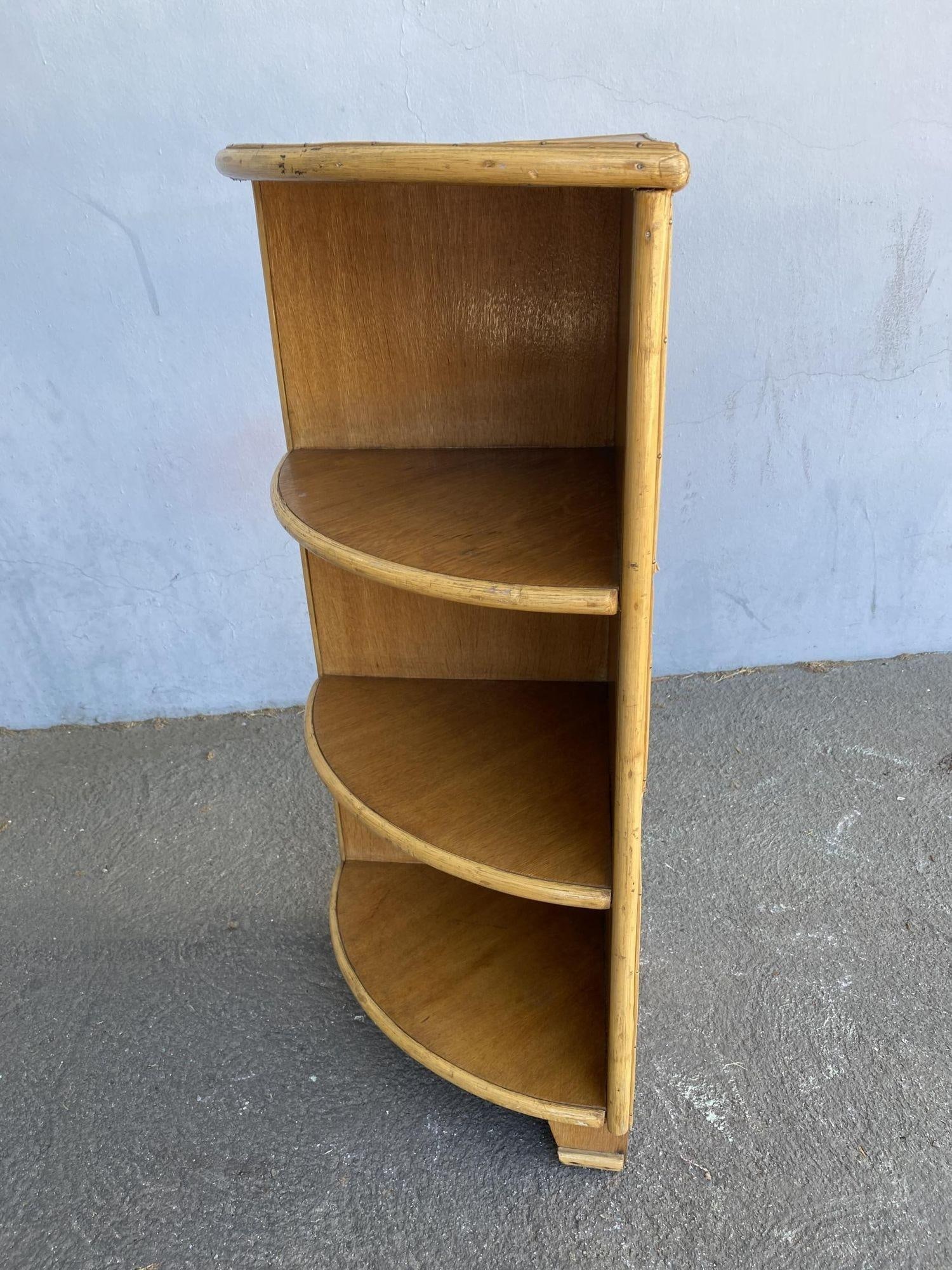 Restored Tropical Koa Wood Corner Shelf W/ Rattan Boarder - 2