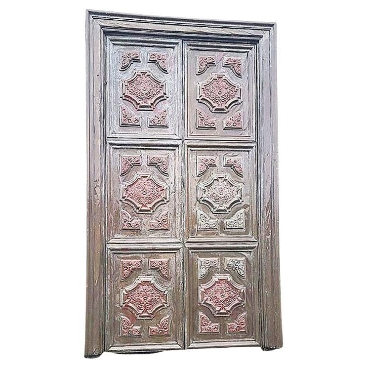 Large 8' Mediterranean Multipaneled Molding Bronze Covered Walnut Double Doors - 2