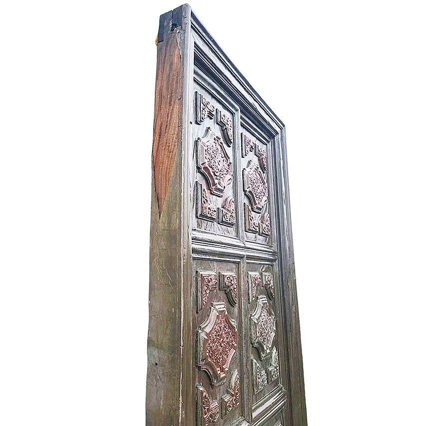 Large 8' Mediterranean Multipaneled Molding Bronze Covered Walnut Double Doors - 4