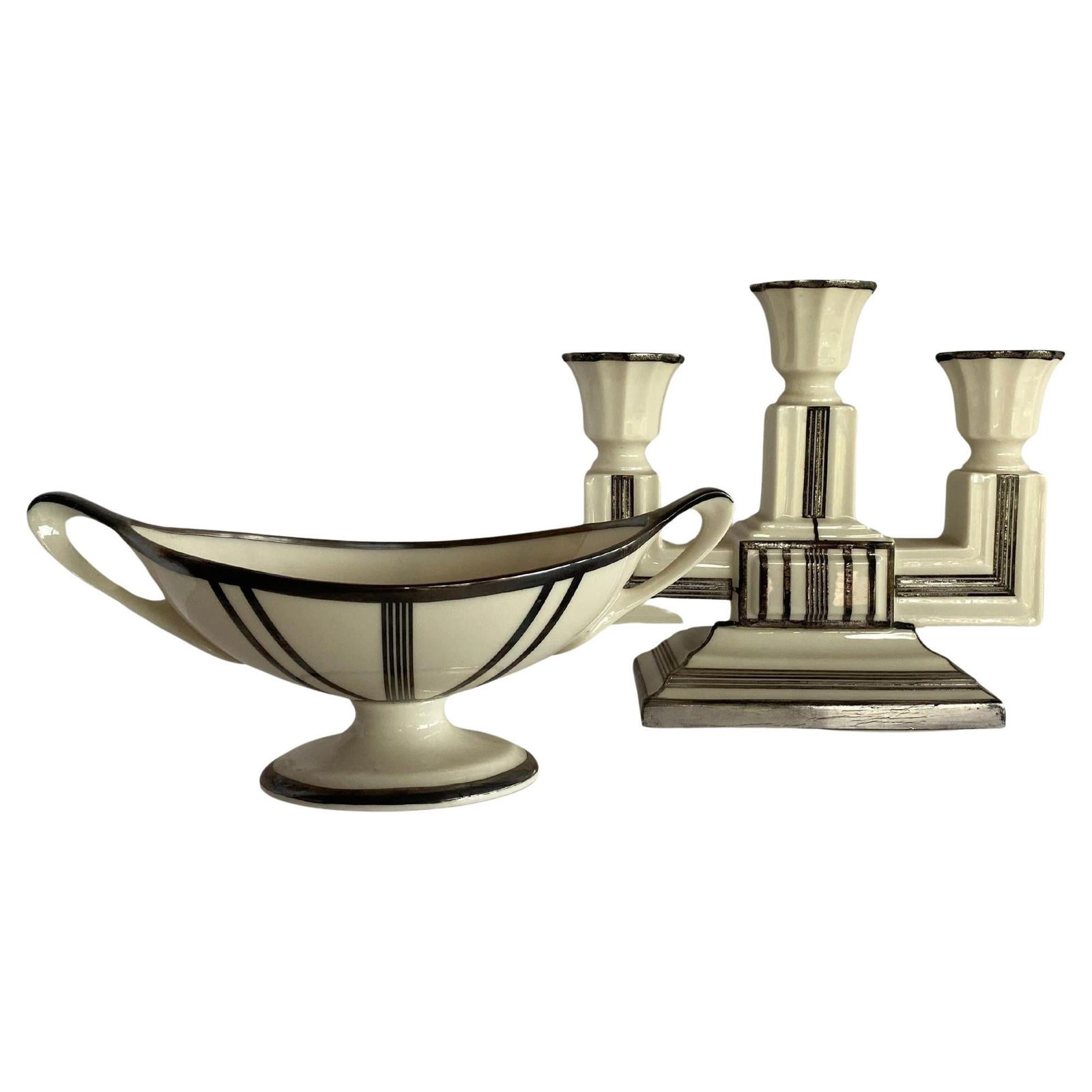 Two-Piece Sugar Bowl and Candelabra with Sterling Silver Overlay by Lenox: Title: Two-Piece Sugar Bowl and Candelabra with Sterling Silver Overlay by Lenox Description: Stepped Art Deco ceramic candelabra and matching sugar bowl with sterling silver overlay by Lenox. Candle