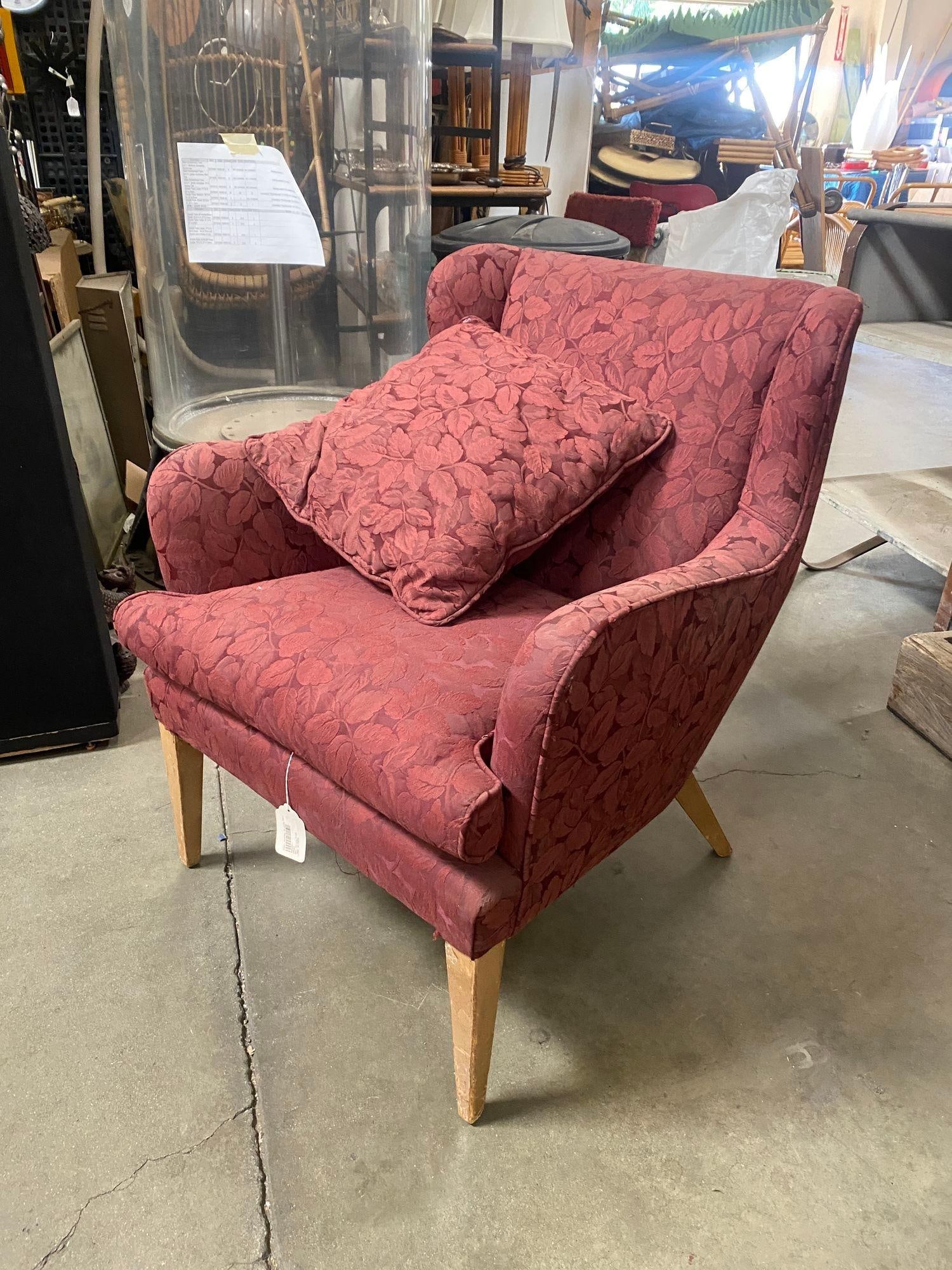 Mid Century Modern Wingback Lounge Chair Burgundy Leaf Print Pair - 9