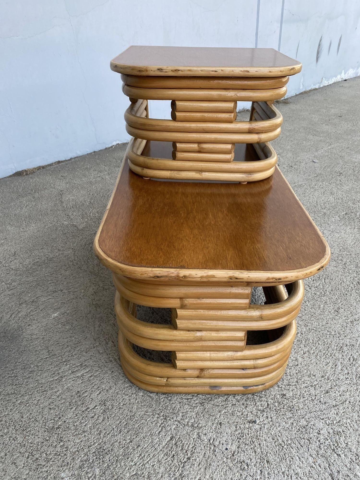 Restored Two-Tier Stacked Rattan Side Table with Mahogany Tops, Pair - 11