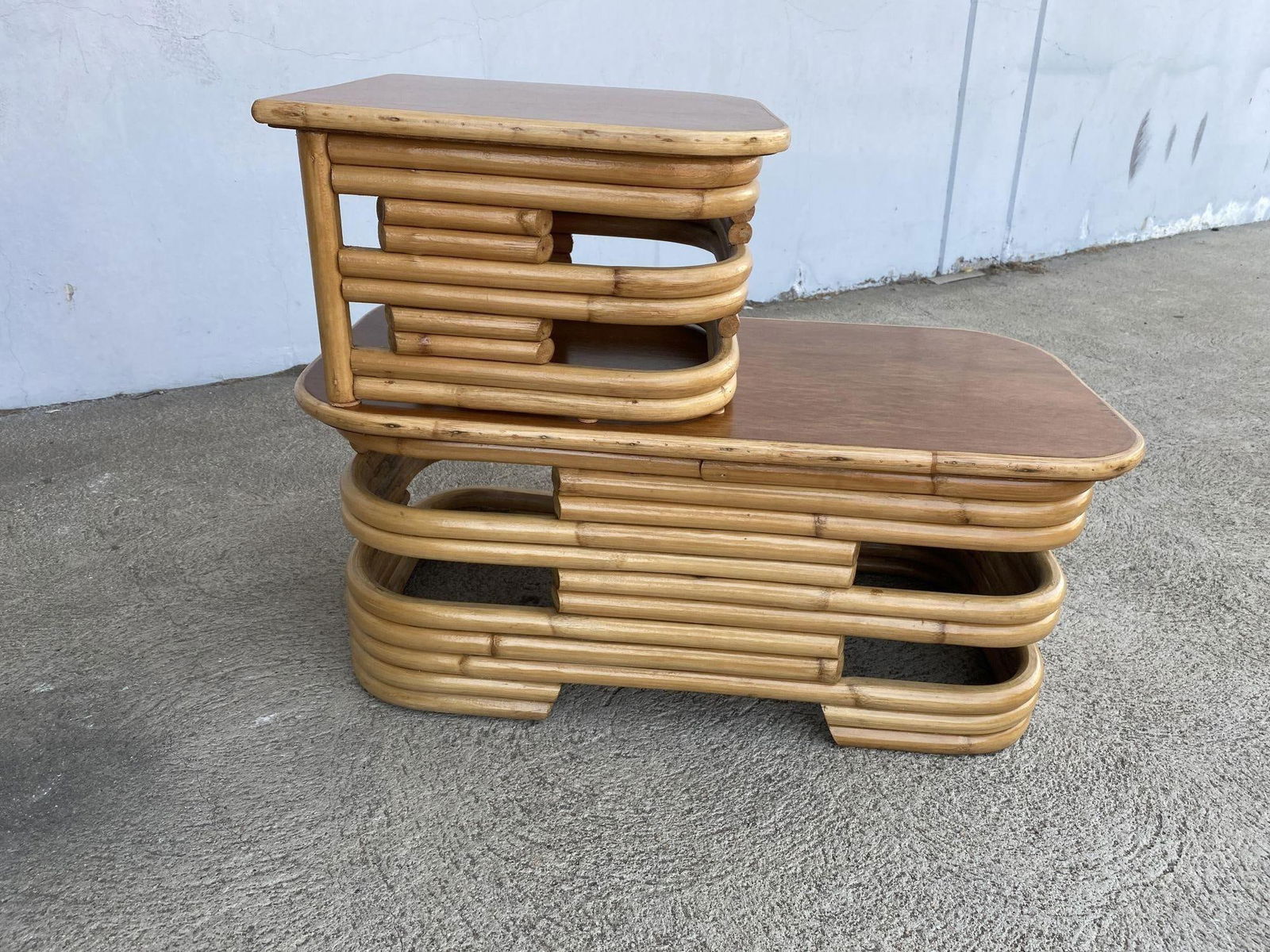 Restored Two-Tier Stacked Rattan Side Table with Mahogany Tops, Pair - 12
