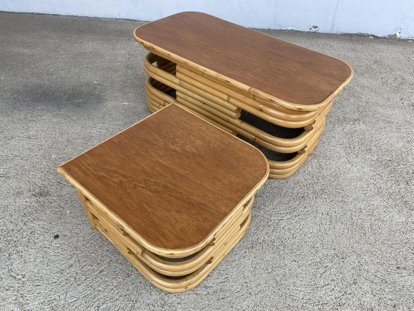 Restored Two-Tier Stacked Rattan Side Table with Mahogany Tops, Pair - 15
