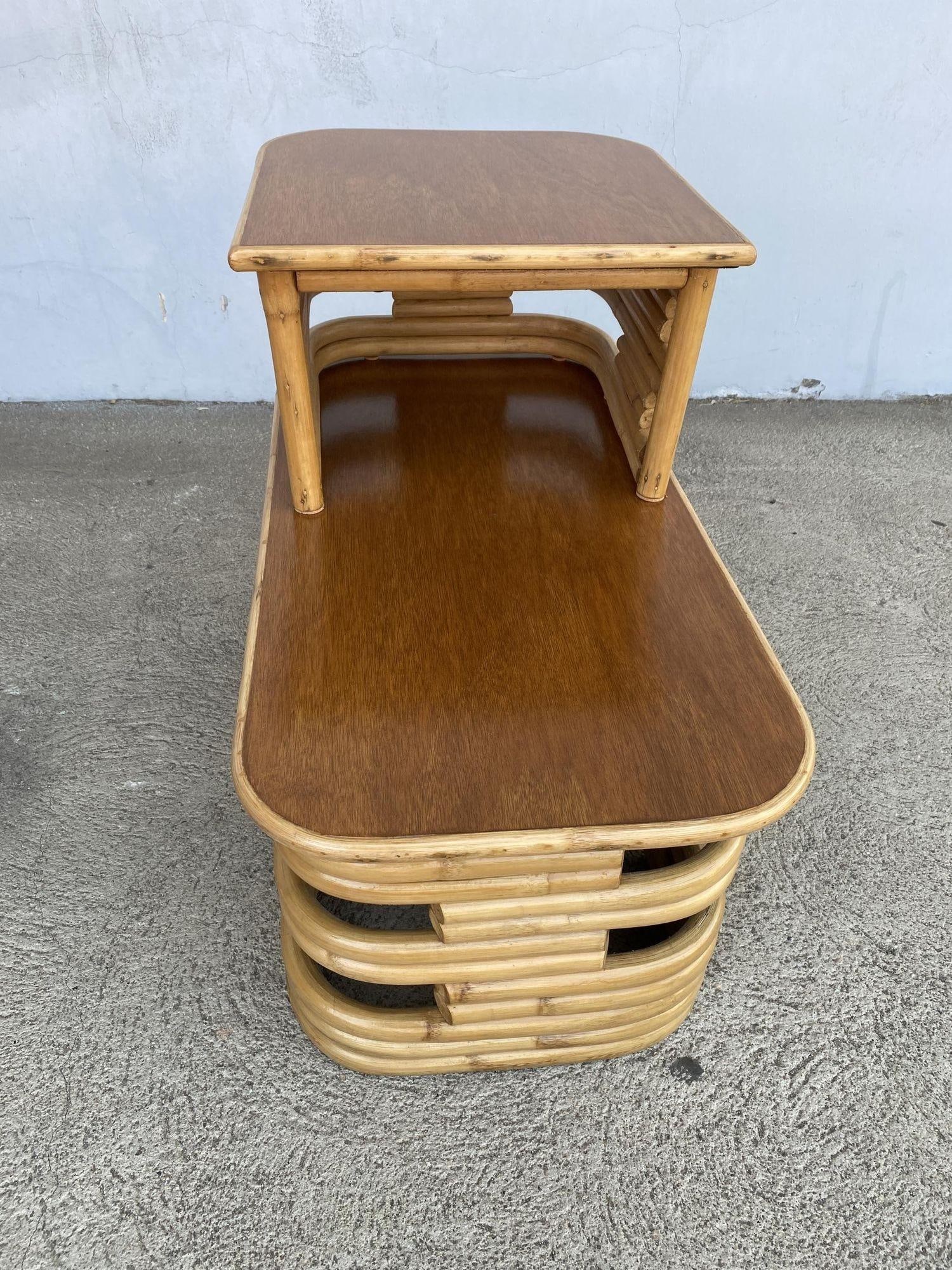 Restored Two-Tier Stacked Rattan Side Table with Mahogany Tops, Pair - 16