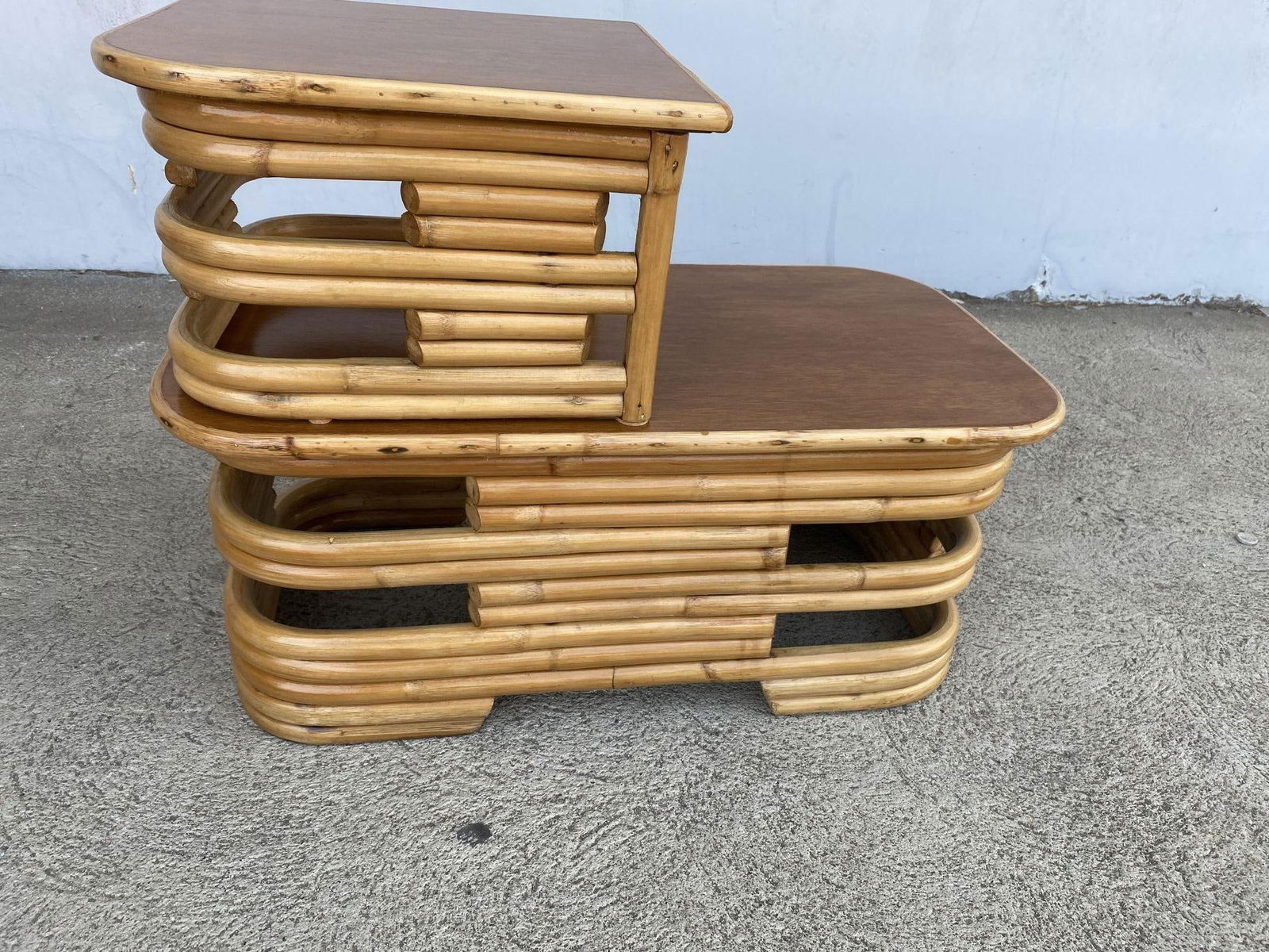 Restored Two-Tier Stacked Rattan Side Table with Mahogany Tops, Pair - 3